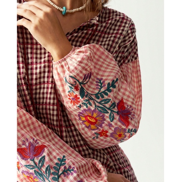 Boho Floral Embroidered Plaid Print Neck Tie Loose Fit Blouse - Picture 2 of 8